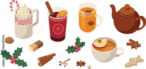 Cozy winter drinks collection with tea coffee mulled wine hot chocolate spices vector illustration festive holiday beverage icons set