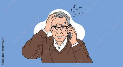 Stressed elderly man with glasses looks troubled while talking on his smartphone and touching his head in a moment of worry.