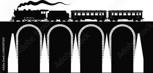 Vintage steam locomotive train silhouette crossing a stone arch bridge viaduct with passenger wagons and smoke trail representing historical rail travel vector illustration