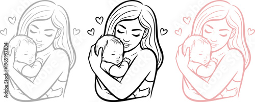 Minimalist line art of mother hugging sleeping baby, maternal love concept, set of vector illustrations for motherhood and family bond.