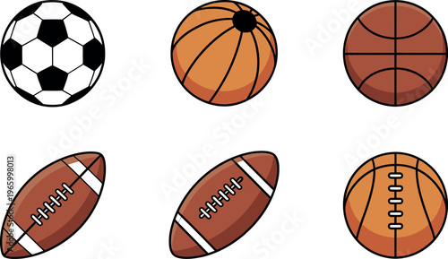 Various sport balls collection including soccer basketball and football for athletic activities. Vector illustration
