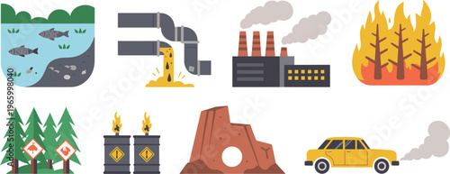 Environmental pollution icons collection with water contamination industrial discharge factory emissions wildfire deforestation toxic waste and vehicle exhaust illustration