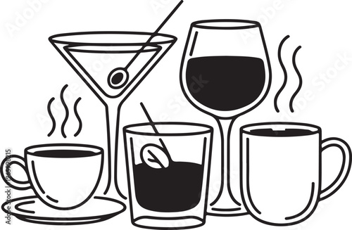 Line art collection of drinks including coffee cocktail wine glass and mug on transparent background