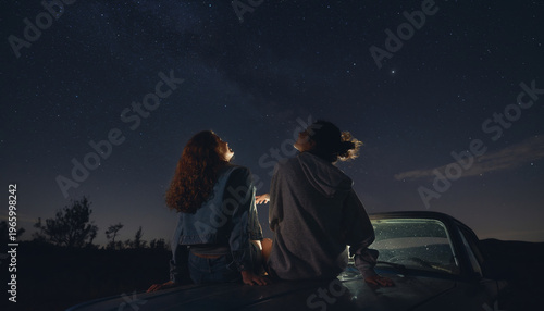 Two young women sitting on hood of car looking at stars back view feeling peaceful and amazed under dark night sky enjoying quiet moment together in nature far away from city lights