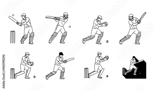 Cricket player action pose icon set with bowler batsman and fielder in line and flat style vector collection