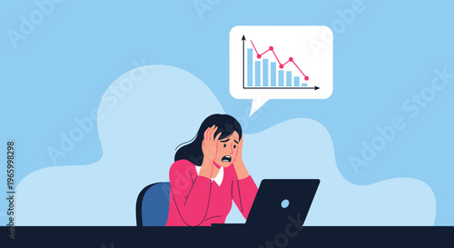 Distressed woman in a pink sweater holds her head in panic while looking at a laptop with a declining financial chart bubble.