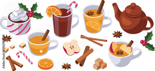 Festive winter hot drinks set with tea mulled wine coffee spices cinnamon vector illustration cozy holiday beverage icons collection