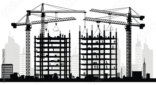 A striking black silhouette depicts construction cranes and a building under development in a dynamic urban landscape silhouette high quality professional