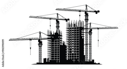 A striking black silhouette depicts construction cranes and a partially built high rise building against a white background silhouette high quality professional