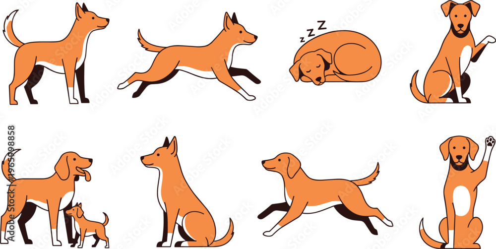 Obraz premium Active and Playful Dog Character Set in Various Poses Including Sleeping, Running, and Playing for Pet-Themed Illustrations
