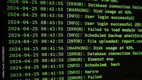 system log scrolling on terminal screen with green text