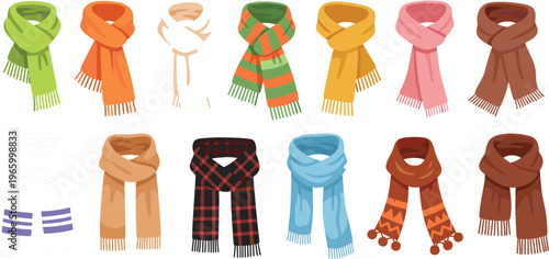 Winter Scarf Collection Featuring Diverse Colors And Patterns Like Plaid Stripes And Pom Poms For Cold Weather.eps