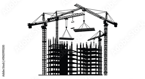 A striking black silhouette depicts construction cranes and a rising building structure against a bright white background silhouette high quality professional