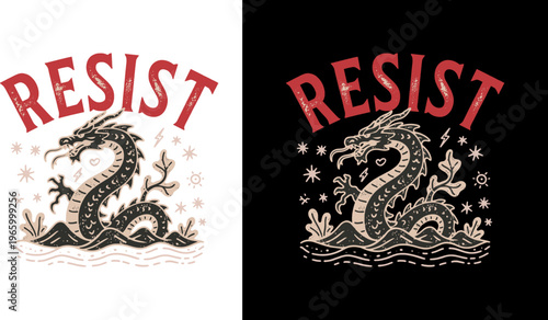 Vintage Sea Serpent Dragon Illustration with Resist Text, Retro Linocut Style Graphic for T-shirt Design