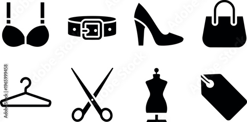 A collection of eight black fashion and retail icons isolated on a white background