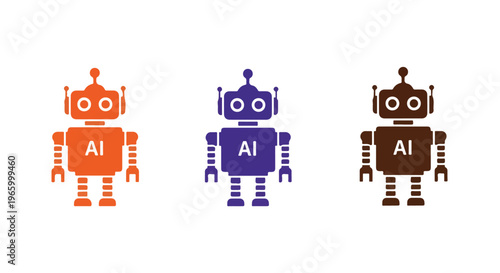 Three colorful robot icons with 'AI' on their chests in orange, purple, and brown hues against a clean white background.