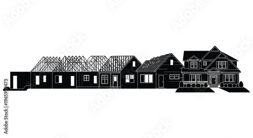 A row of houses in varying stages of construction presented as a striking black silhouette high quality professional detailed modern elegant
