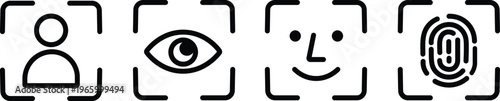 Biometric Security Icon Set Face Recognition Fingerprint and Eye Scanner Symbols for Identity Verification Vector