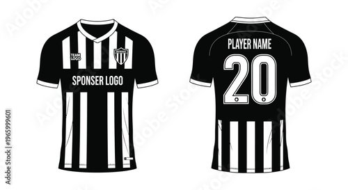 A black and white striped soccer jersey design displayed front and back showcases team branding and a player silhouette high quality