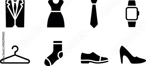 Collection of flat design icons representing various clothing items and accessories for a wardrobe