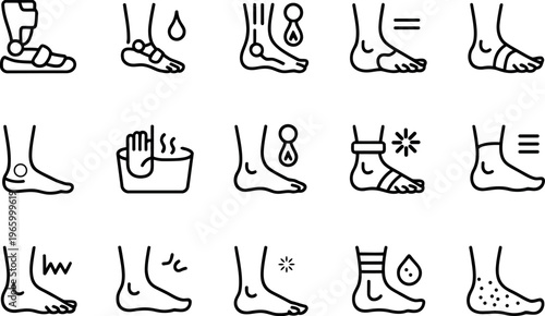 Collection of medical and health icons representing various foot conditions and treatments in a clean outline style