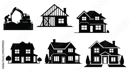 Construction site with varying house stages from foundation to completion depicted in a stark silhouette high quality professional detailed modern elegant