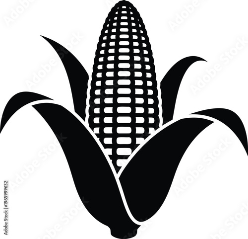 Black and white icon of an ear of corn with the image is stylized and can be used