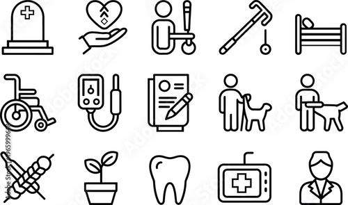 Collection of medical and healthcare icons representing various aspects of wellness and care