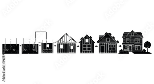 A visual depiction of house construction stages from foundation to completion presented as a striking silhouette high quality professional detailed modern
