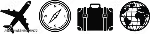 Travel icons including airplane, compass, suitcase, and globe, business travel