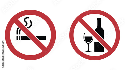 No smoking and no alcohol signs, red prohibition symbols with cigarette and alcoholic beverage icons, flat vector style for warning labels