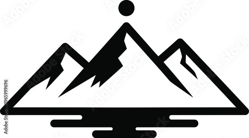 Stylized mountain landscape icon with sun and water reflection with graphic represen