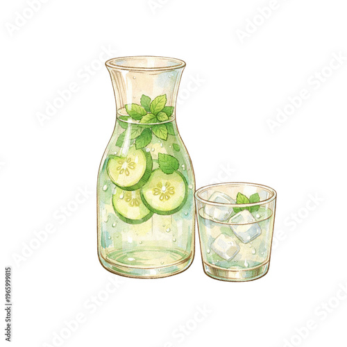 Watercolor cucumber and mint infused detox water in glass pitcher clipart