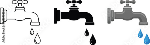 Leaky faucet icon set silhouette and color with symbolizes leaks, water waste, or