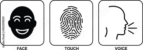 Biometric authentication methods: face, touch, voice icons, the title 'biometric
