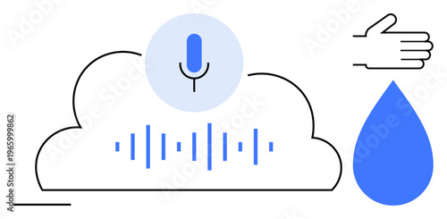 Voice assistants, speech recognition, cloud computing, data storage, IoT, modern communication. microphone in a cloud, audio waves hand and droplet. Voice assistants and speech recognition concept