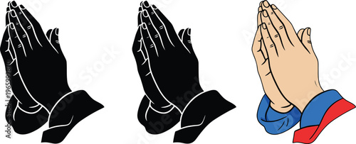 Praying hands icon set silhouette and color