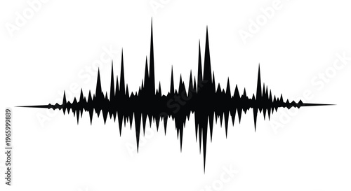 A stark black waveform graphic against a white background portrays an audio signal as a distinct silhouette high quality professional detailed