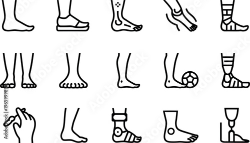 Collection of stylized line art icons representing human feet and related medical conditions and assistive devices