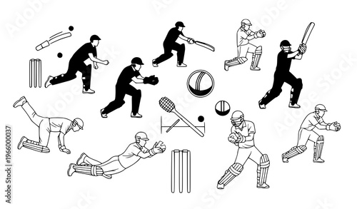 Cricket players dynamic pose icon collection with bowler batsman and fielder in flat and line vector design