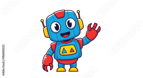 Colorful cartoon robot character smiling.