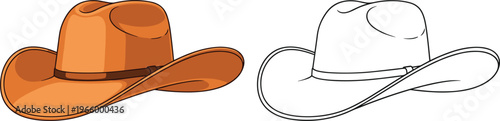 Traditional Western Cowboy Hat Vector Set Featuring Brown Colored Illustration And Black Outline Version Isolated On White.eps