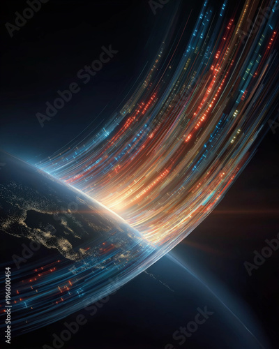 Global Data Stream: A mesmerizing visual of the Earth enveloped in a radiant flow of data streams, symbolizing the interconnectedness of information and communication across the globe.