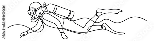 Continuous line art illustration of a scuba diver depicting underwater swimming pose for adventure and sports design