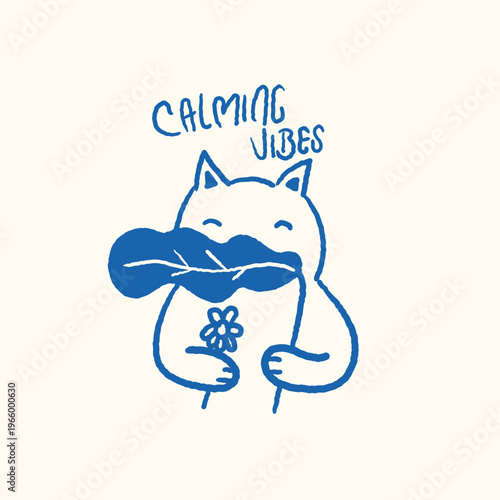 A cute cat holding Big leaves and a flower vector illustration