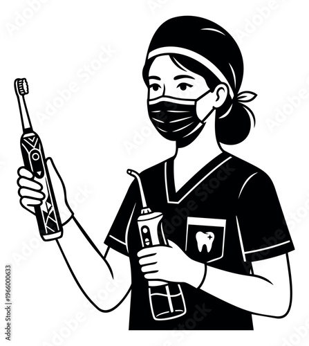 Cartoon illustration of a female dentist depicting oral hygiene tools including electric toothbrush and water flosser for dental care design