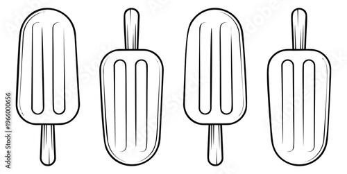 Outline icon set of 4 popsicles featuring frozen treat variations with stick and groove details for summer food design