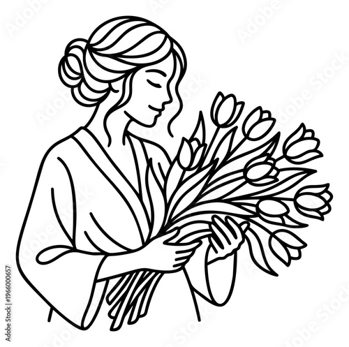 Line art illustration of a woman holding tulips depicting a serene figure smelling a bouquet for floral and spring design