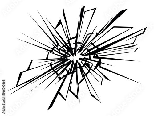 Bold line art illustration of shattered glass depicting impact crack pattern for destruction and break concept design