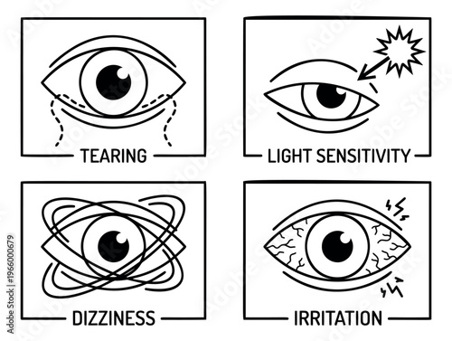 Outline icon set of 4 eye symptoms featuring tearing, light sensitivity, dizziness and irritation for medical design